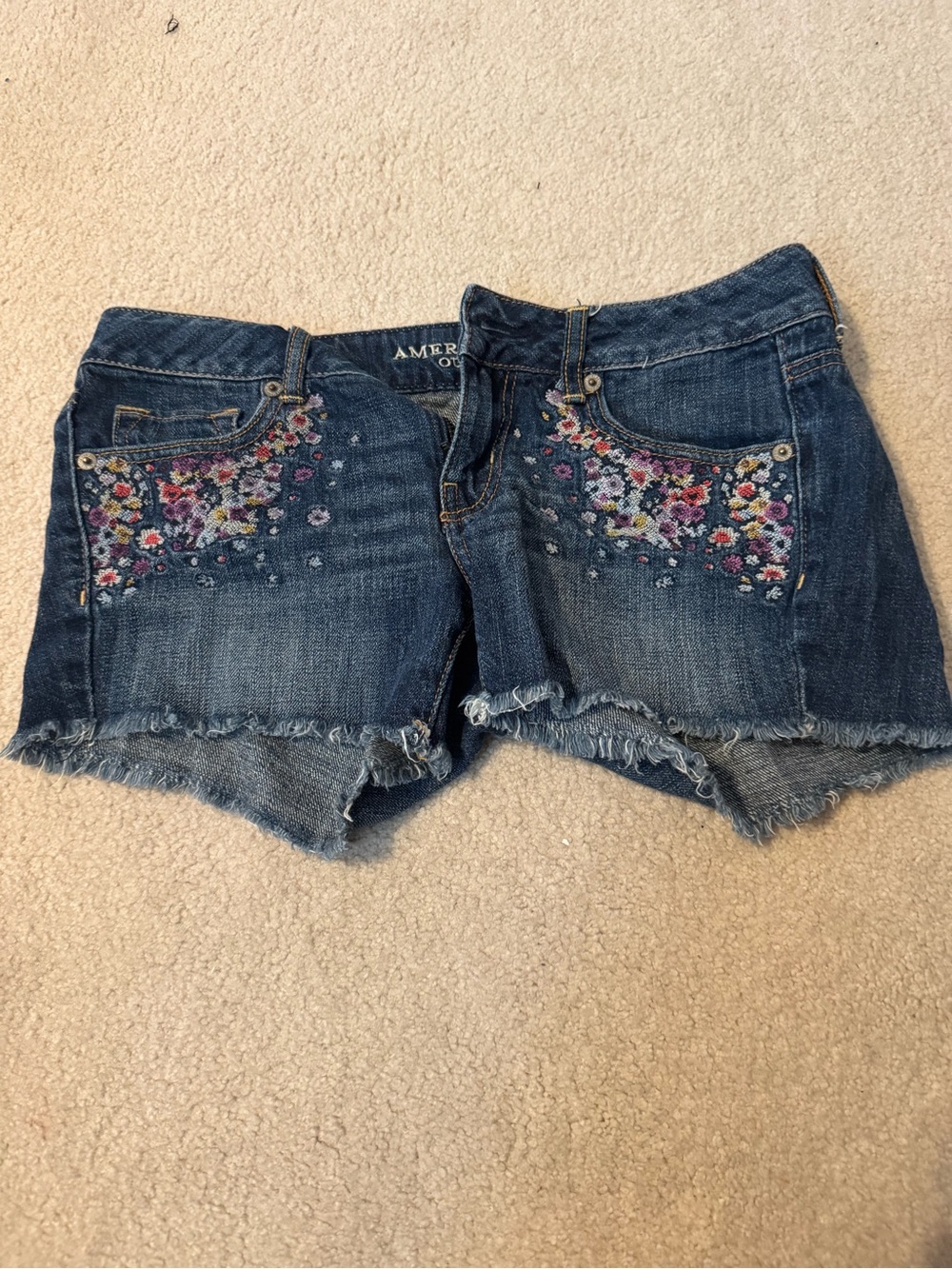 American Eagle Denim Floral Embroidered Cutoff Shorts - Dark Blue